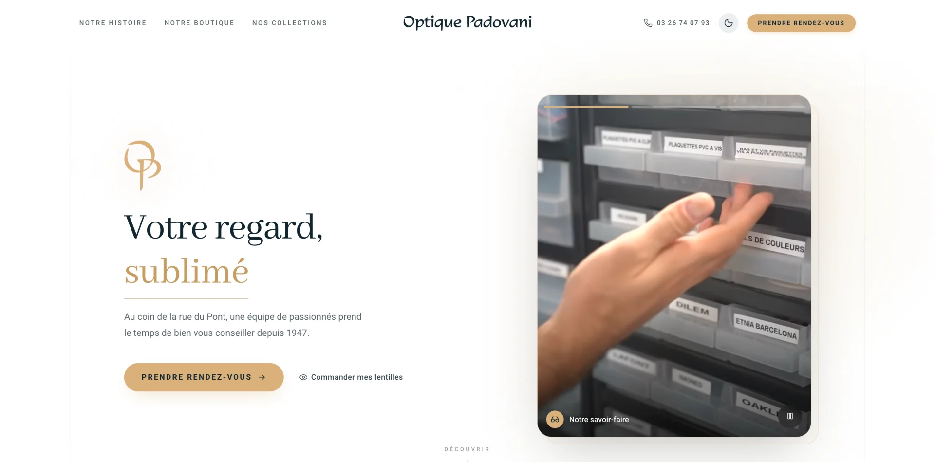 Page d'accueil du site d'Optique Padovani, avec le bouton Prendre rendez-vous